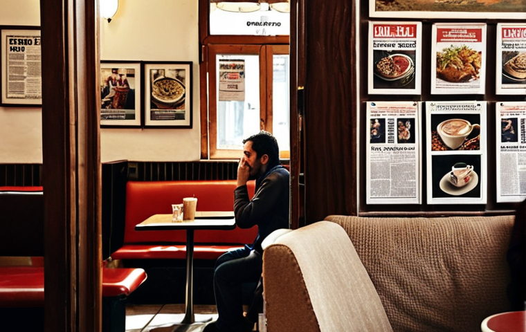 **
A person subtly observing their surroundings in a bustling Istanbul café. Focus on details like overhearing conversations, noticing posters on the wall, or a newspaper headline catching their eye. The overall mood is one of quiet observation and potential discovery in the everyday.
**